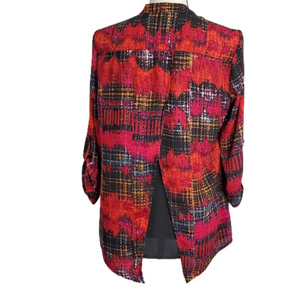 Notations Split Back Red Multicolor Long Sleeve ButtonUp Career Wear Blouse Top - Picture 3 of 9